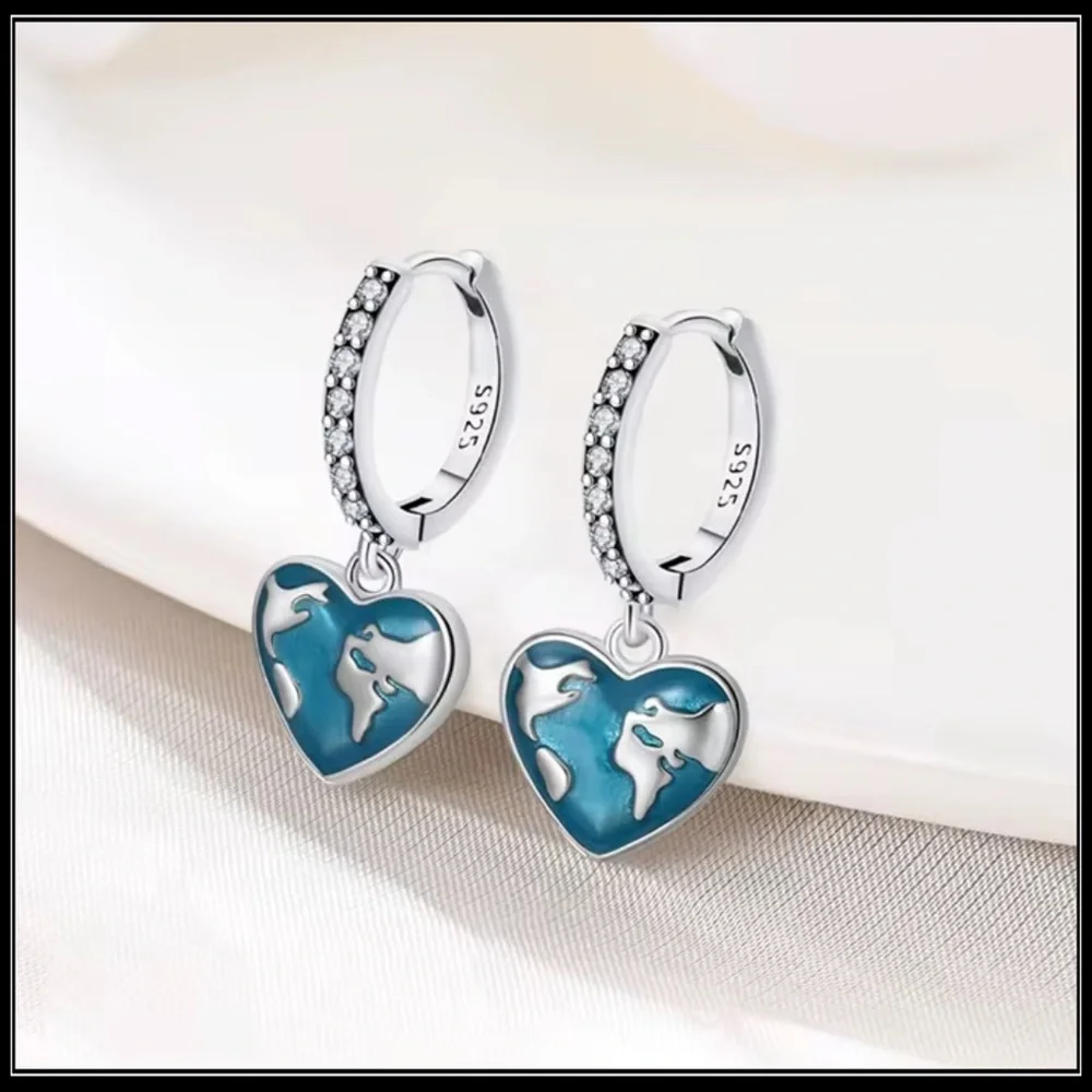 NEW 925 GAIA STERLING SILVER EARTH HEART WORLD MAP BOHO EARRINGS - Picture 2 of 5